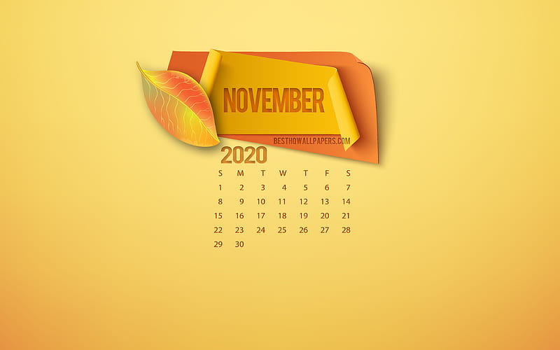 November 2020 Calendar, yellow background, 2020 autumn, November, autumn leaves, autumn concepts, 2020 calendars, autumn paper elements, 2020 November Calendar, HD wallpaper