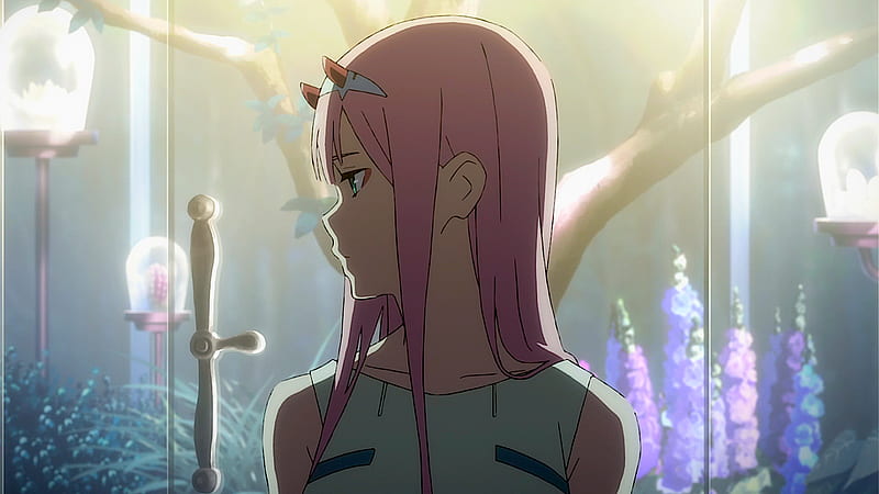 Darling In The FranXX Zero Two Hiro Side Face Of Zero Two With Background Of Tree Plants And Purple Color Flowers Anime, HD wallpaper