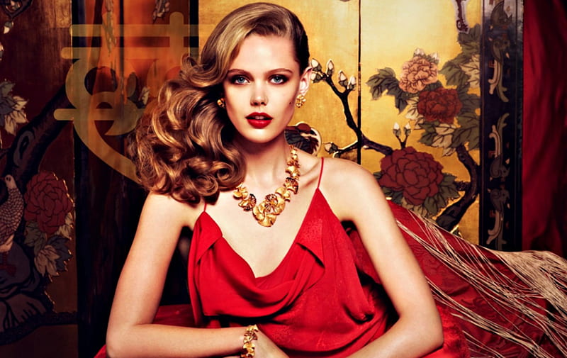 Frida Gustavsson, red, girl, model, asian, blonde, spring, woman, HD wallpaper
