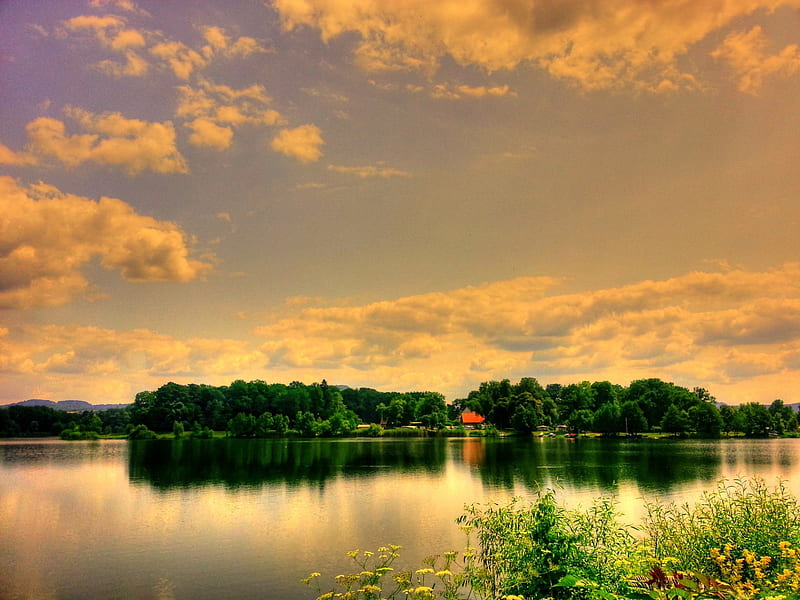 little house lakeside, Lake, Sky, Nature, Sun, HD wallpaper