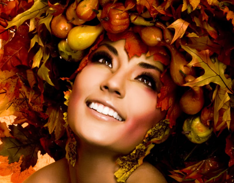 Autumn lady, fruit, autumn, colors, bonito, vegetables, woman, leaf, HD wallpaper