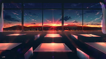 Anime classroom, sunset, windows, chair and desks, trees, Anime, HD  wallpaper