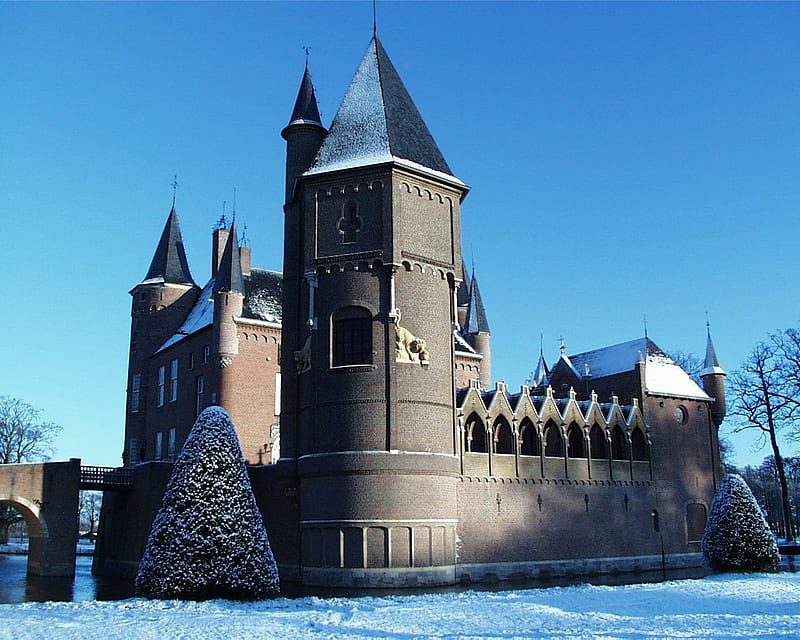 Dutch Castle Heeswijk, dutch, holland, winter, netherlands, medieval, snow, bridge, tower, middle ages, ice, castle, HD wallpaper