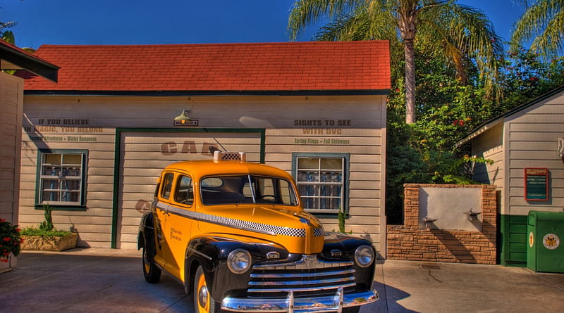 retro taxi, driveway, taxi, car, yellow, store, HD wallpaper