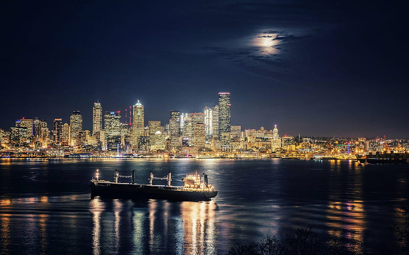 Seattle, Elliott Bay, night, cityscape, skyline, skyscrapers, night city, modern buildings, Washington, USA, HD wallpaper