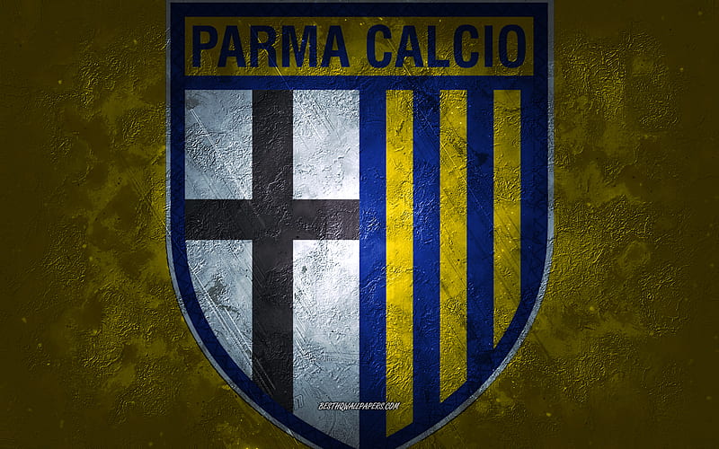 Parma Calcio 1913, Italian football team, yellow background, Parma Calcio 1913 logo, grunge art, Serie A, Parma, football, Italy, Parma Calcio 1913 emblem, HD wallpaper