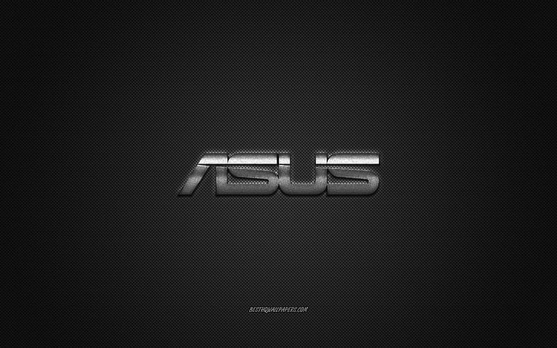 Asus logo, silver shiny logo, Asus metal emblem, for Asus smartphones, gray carbon fiber texture, Asus, brands, creative art, HD wallpaper