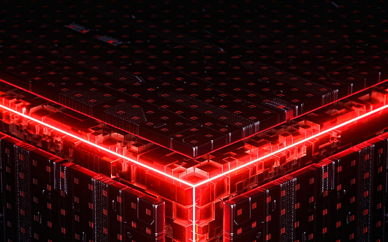 red neon rays, 3D cubes, artwork, geometric shapes, creative, black cubes, background with cubes, HD wallpaper