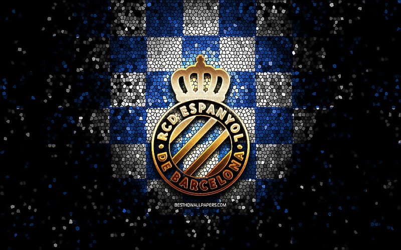 Espanyol FC, glitter logo, La Liga, blue white checkered background,  soccer, HD wallpaper | Peakpx