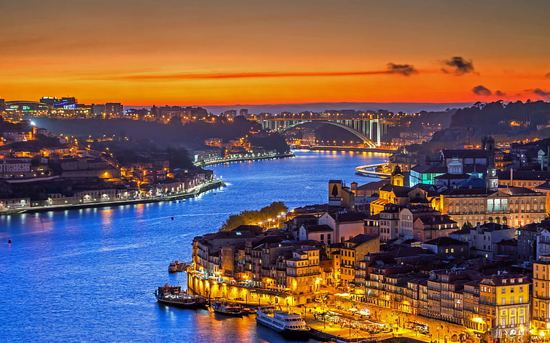 Porto, evening, sunset, Porto cityscape, Maria Pia Bridge, Porto panorama, Portugal, HD wallpaper