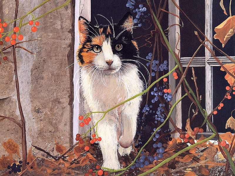 Cat, art, autumn, persis clayton weirs, painting, pictura, animal, pisica, HD wallpaper