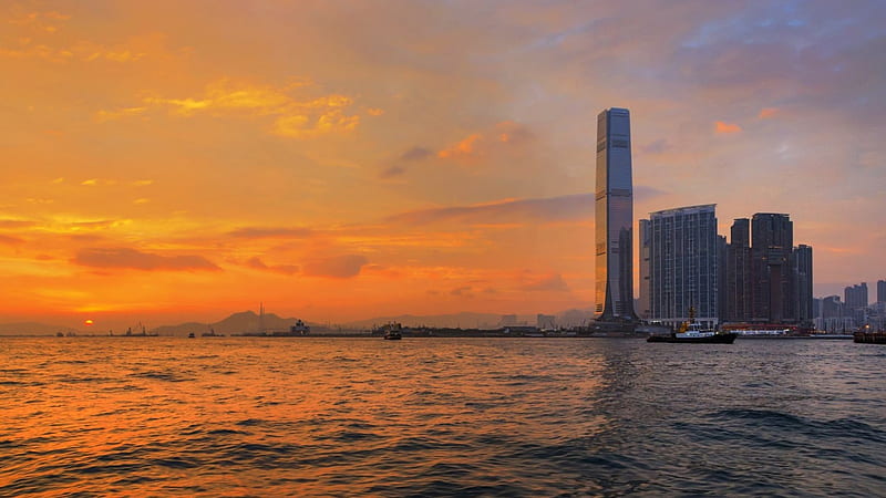 wonderful skyscraper in hong kong at sunset, skyscraper, city, sunset, clouds, bay, HD wallpaper