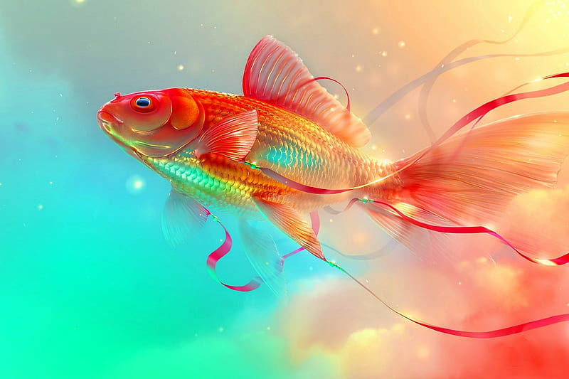 Digital Gold Fish, art, abstract, cg, gold fish, HD wallpaper