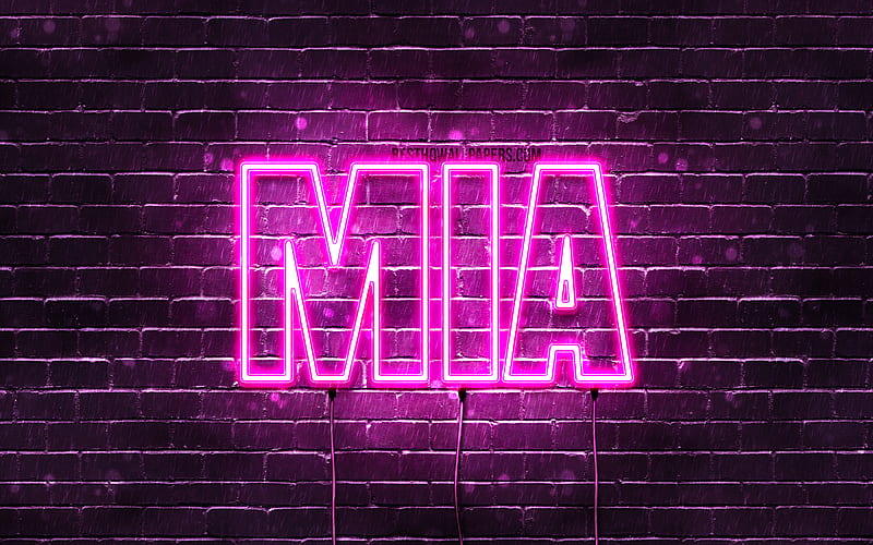Mia with names, female names, Mia name, purple neon lights, horizontal text, with Mia name, HD wallpaper