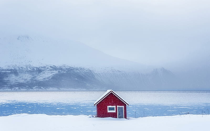 Lone Hut in Norway, hut, snowstorm, landscape, Norway, HD wallpaper