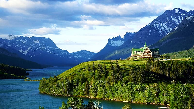 Prince Of Wales Hotel At Waterton Lakes, Alberta, house, landscape, clouds, trees, sky, mountains, rocks, water, canada, HD wallpaper