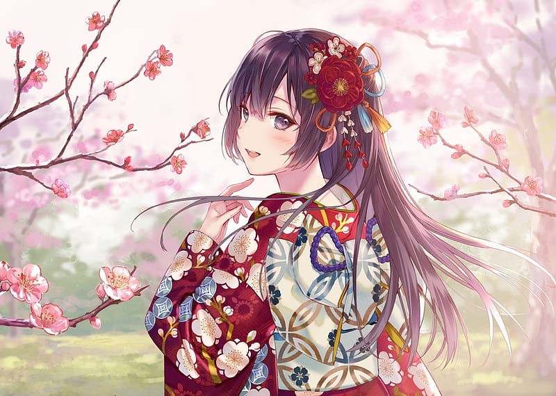 :-), girl, anime, manga, fukahire sanba, spring, pink, kimono, sakura, red, flower, HD wallpaper