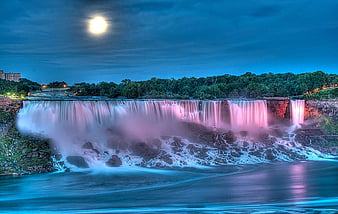 Aetherclockpunk Serenity: Moonlit Waterfall and Colorful Scenery