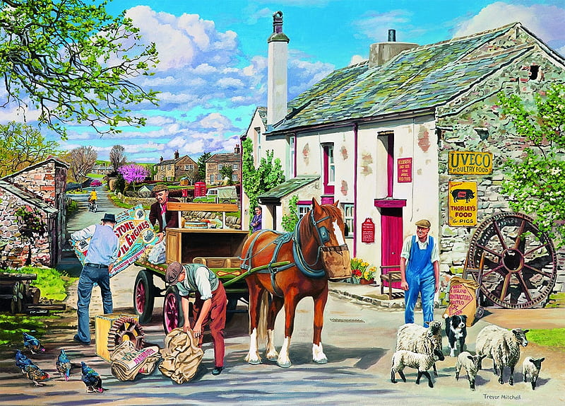 The old mill, art, luminos, rag and bone, people, painting, pictura, horse, HD wallpaper