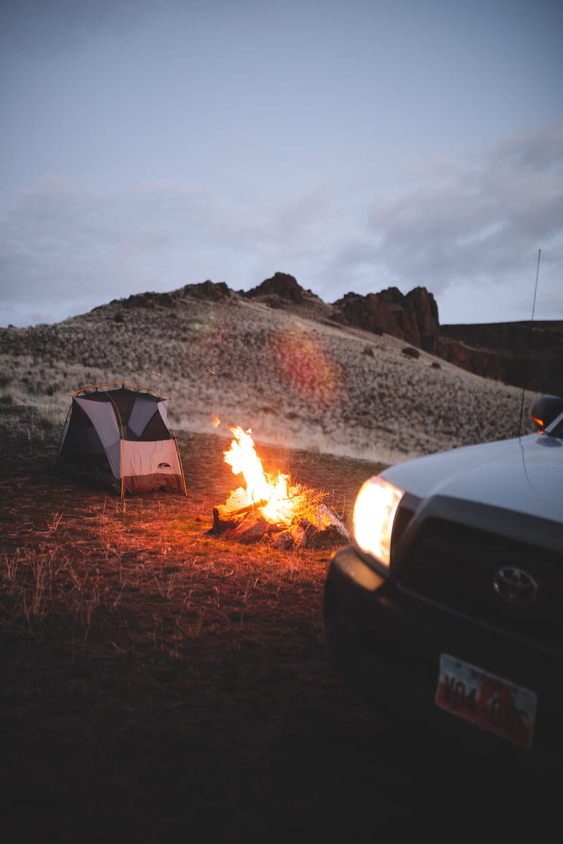 bonfire, tent, car, hill, HD phone wallpaper