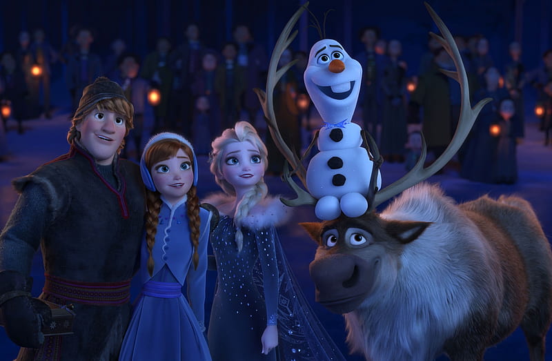 Olaf's Frozen Adventure 2017, olafs frozen adventure, frozen, night, elsa, movie, christmas, craciun, isney, fantasy, annie, snow queen, sister, disney, HD wallpaper