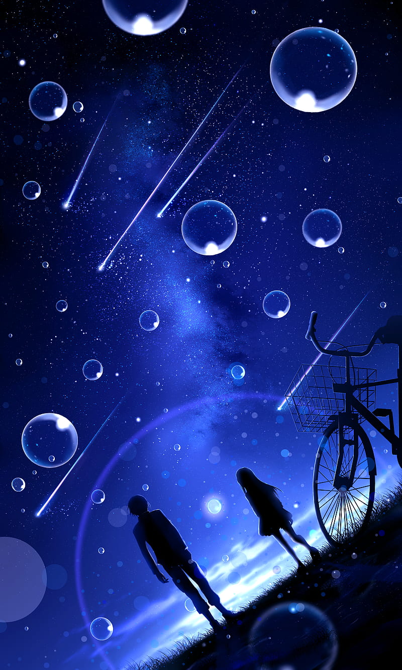 night, starry sky, silhouettes, bubbles, meteors, HD phone wallpaper