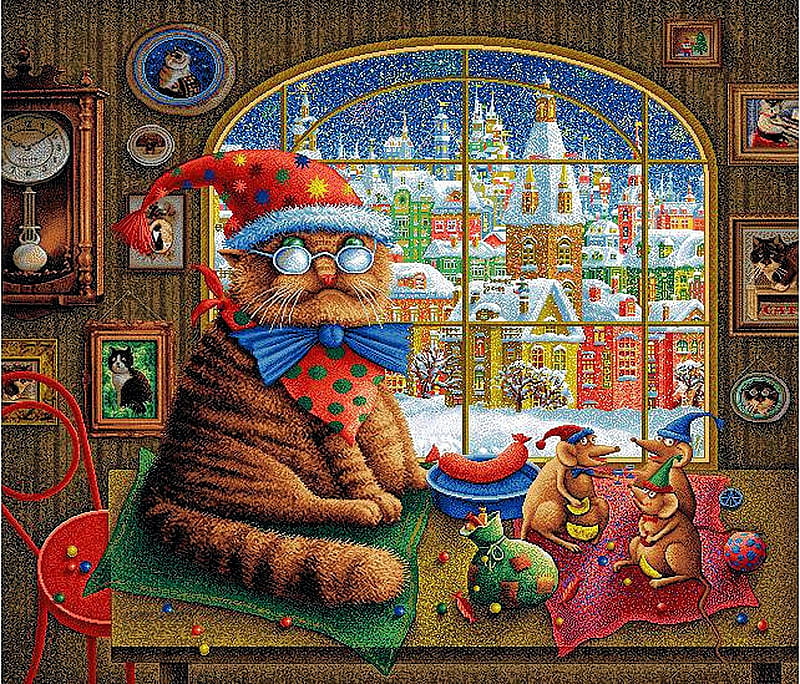 Cat Santa, window, snow, mice, mouse, painting, village, winter, artwork, HD wallpaper