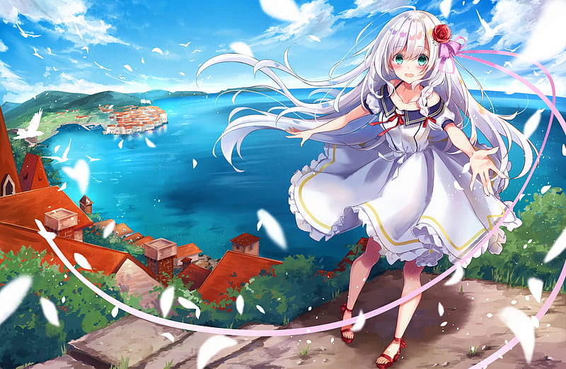 anime girl, scenic, white hair, dress, horizon, clouds, landscape, village, Anime, HD wallpaper