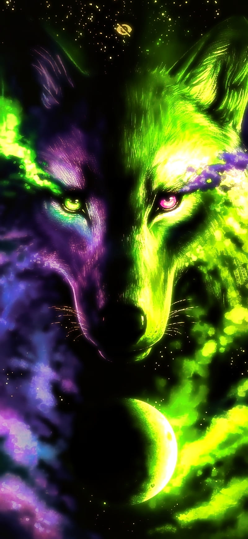 JokerWolf, alpha, green, joker, neon, omega, purple, space, violet, wolf, wolves, HD phone wallpaper