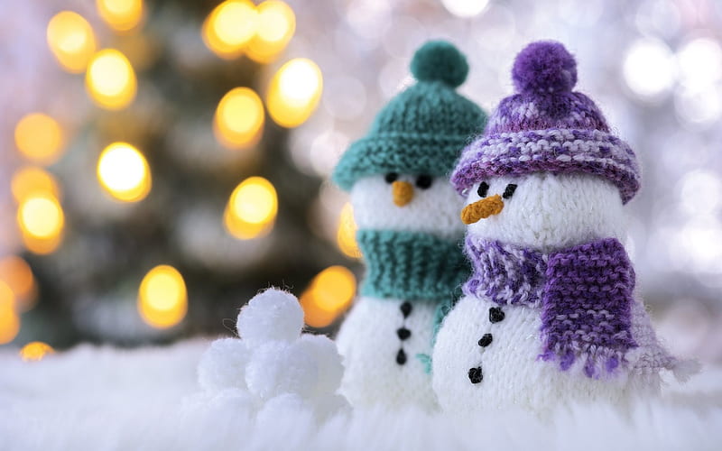snowmen, Christmas, winter, knitted scarves, HD wallpaper