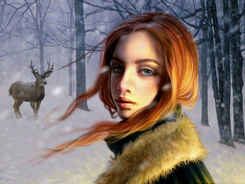 Woman In Winter Fantasy Girl Snow People Abstract Woman Winter Deer Hd Wallpaper Peakpx