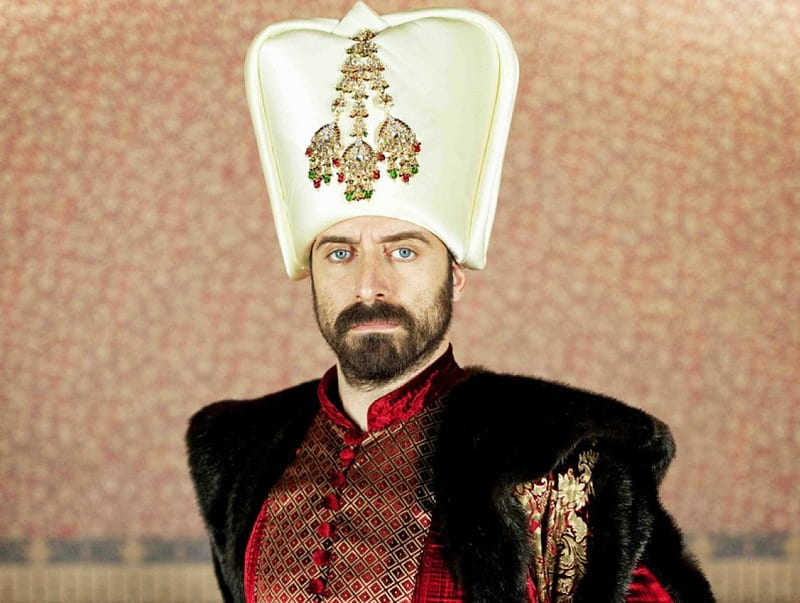 Halit Ergenc, suleiman the magnificent, man, red black, turkey, tv series, magnificent century, fur, actor, HD wallpaper