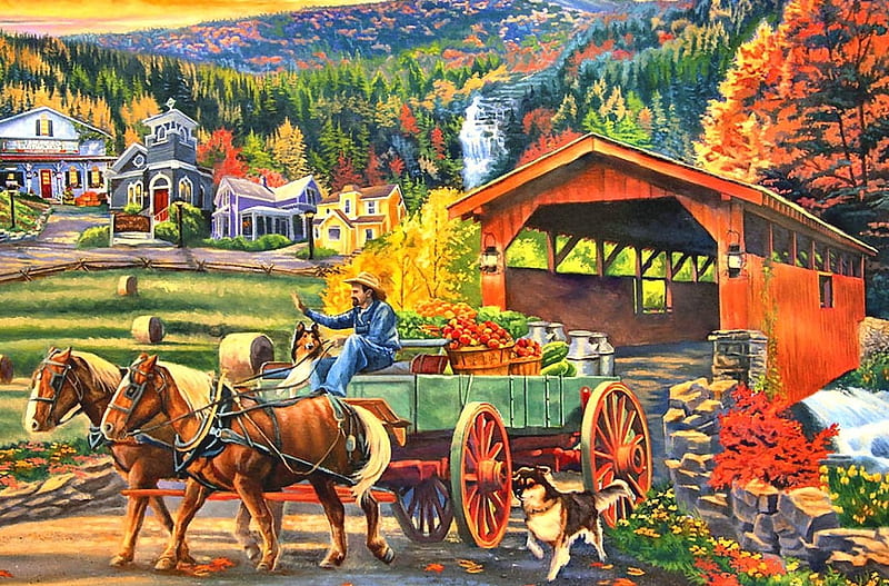 Harvest time, colorful, harvest, bonito, farm, bridge, painting, color, outdoor, landscape, animals, dog, HD wallpaper
