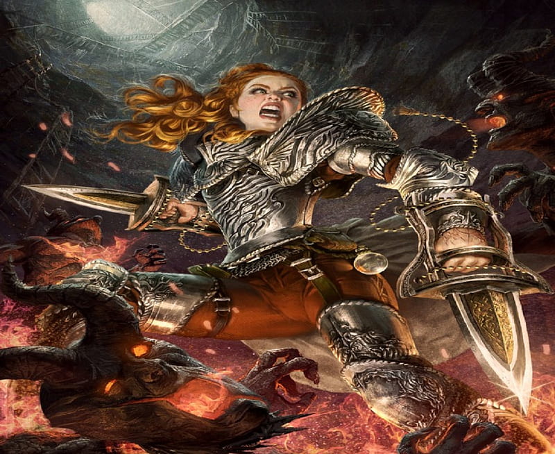 Fighting Her Way Out Of Hell, demons, fire, fantasy, swords, hell, woman, armour, HD wallpaper