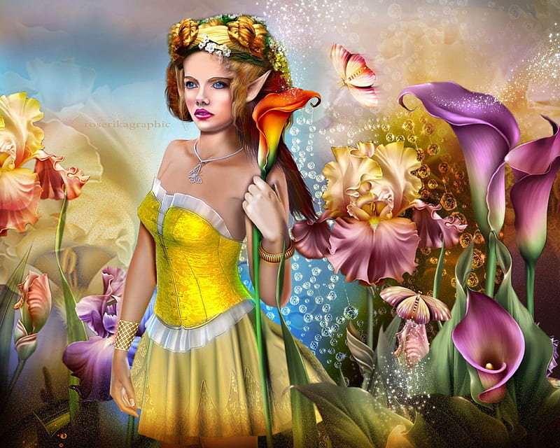 ~Iris Valuable~, softness beauty, bonito, digital art, woman, hair, fantasy, beautiful girls, manipulation, flowers, face, girls, butterfly designs, female, models, lovely, love four seasons, creative pre-made, Iris Valuable, weird things people wear, backgrounds, HD wallpaper