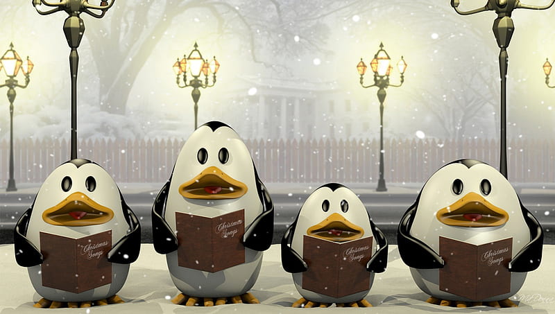 Singing Penguins, Christmas, caroling, song, sing, penguins, lamp posts, lights, winter, HD wallpaper