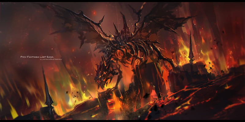 skeletal dragon, fiery, fantasy creatures, flames, fire, artwork, Fantasy, HD wallpaper