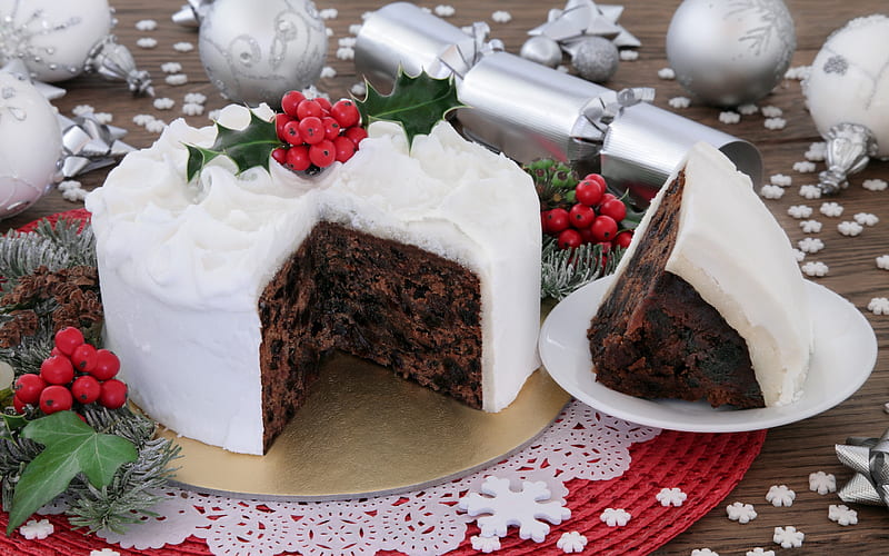 New Years cake, white cream, chocolate cake, silvery Christmas balls, New Year, HD wallpaper