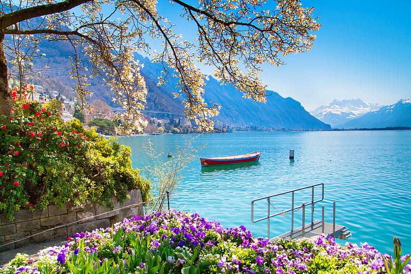 Spring in Switzerland, view, town, pier, bonito, Switzerland, spring, lake, freshness, boat, serenity, blossoms, flowers, village, blooming, Swiss, coast, HD wallpaper