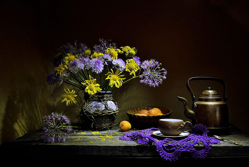 ❤️, Flowers, Cornflowers, Kettle, Apricot, HD wallpaper