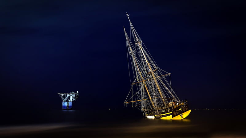 a sailboat around a buoy at night, dark, buoy, sailboat, sea, night, HD wallpaper