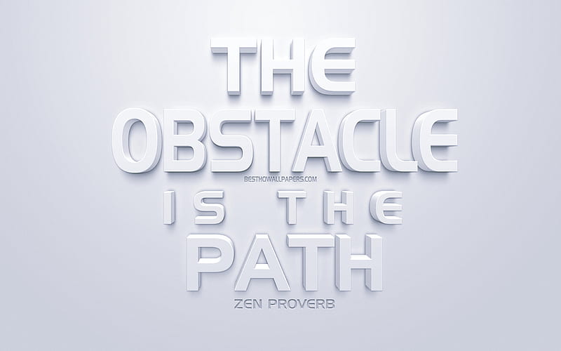The Obstacle is the Path, Zen proverb, white 3d art, quotes about obstacles, motivation, inspiration, white background, 3d art, HD wallpaper