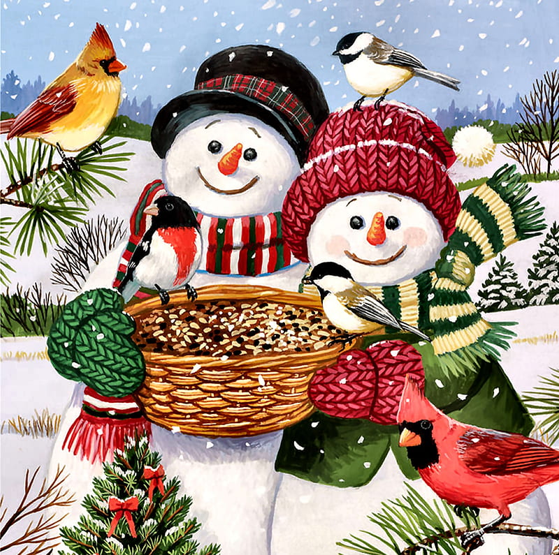 Snow Couple Feeding Birds F1C, snowwoman, bonito, illustration, artwork, cardinals, chickadees, painting, wide screen, scenery, art, birds, songbirds, snowman, winter, snow, four seasons, landscape, HD wallpaper