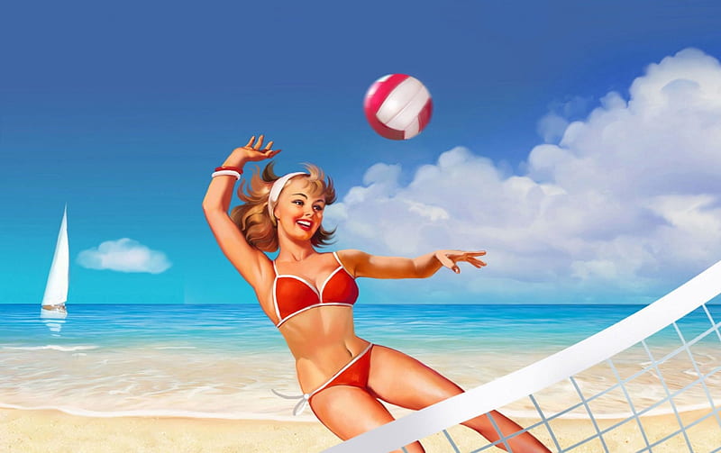 Pin-up, red, volleyball, blonde, woman, sea, beach, ball, girl, painting, summer, blue, HD wallpaper