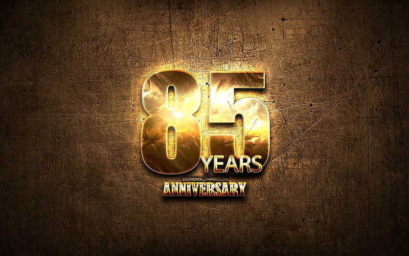 85 Years Anniversary, golden signs, anniversary concepts, brown metal background, 85th anniversary, creative, Golden 85th anniversary sign, HD wallpaper