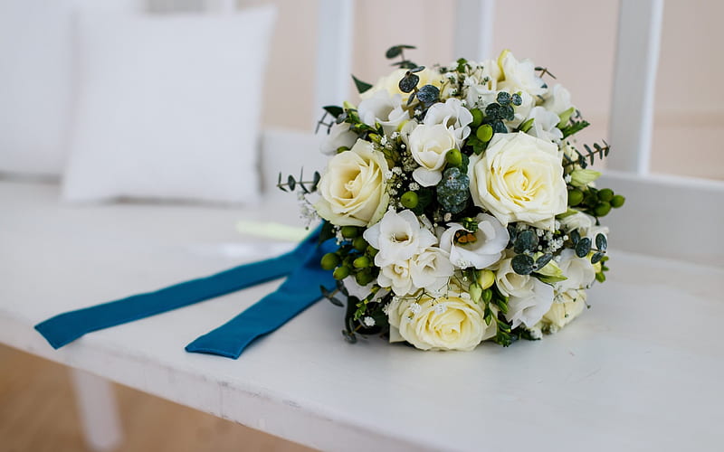 wedding bouquet, roses, bridal bouquet, white roses, HD wallpaper