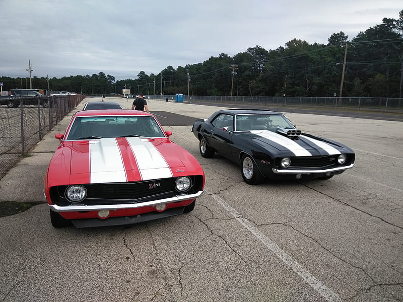 1969 Camaros, ss, z28, 1969, camaro, first gen, red and white, black and white, racing, drag racing, atco, HD wallpaper