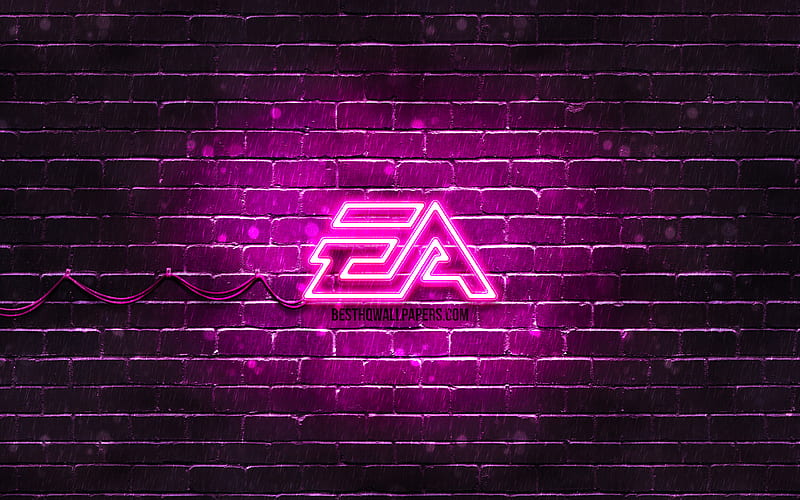 EA Games purple logo purple brickwall, EA Games logo, Electronic Arts, creative, EA Games neon logo, EA Games, HD wallpaper