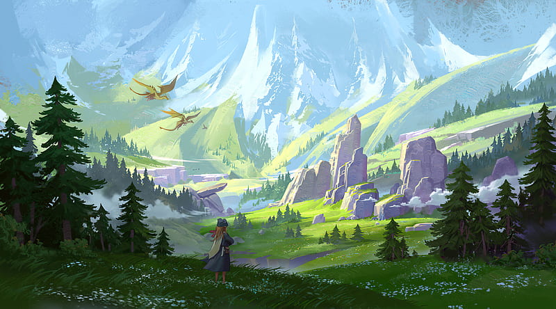 Fantasy, Landscape, Dragon, Girl, Mountain, HD wallpaper