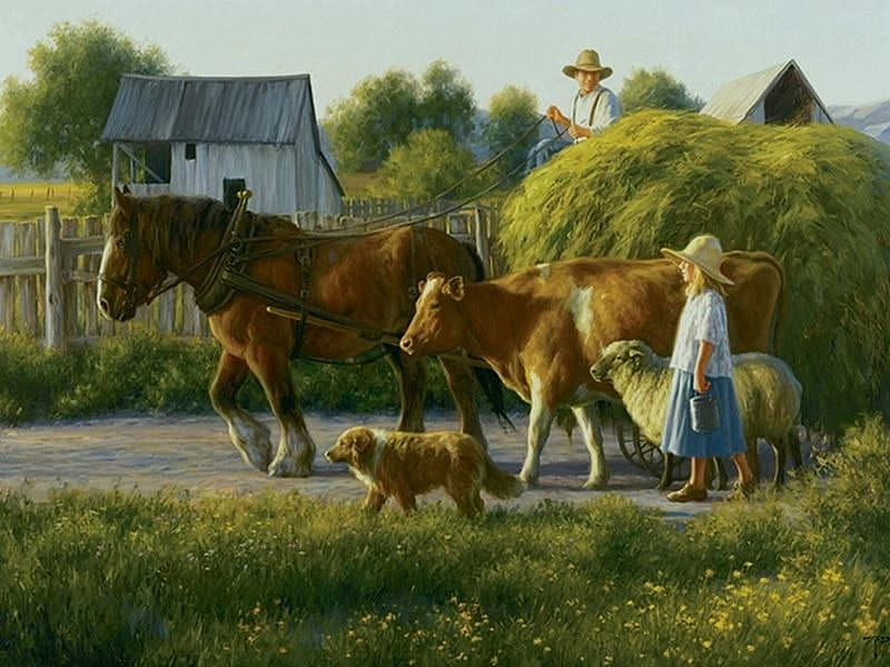 Dad And I, chores, fence, cow, shed, country, pail, father, horses, farm, wagon, girl, haying, lamb, work, road, dog, HD wallpaper